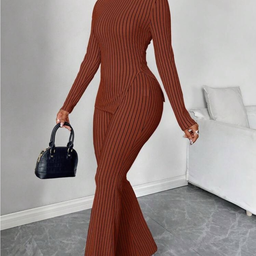 SHEIN Striped Brown Long Sleeve 2piece Jumpsuit